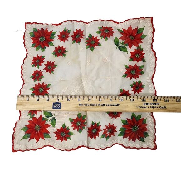 VTG Christmas Red Poinsettias Handkerchief Green Red Hanky Scalloped Edge Flower - Picture 3 of 3
